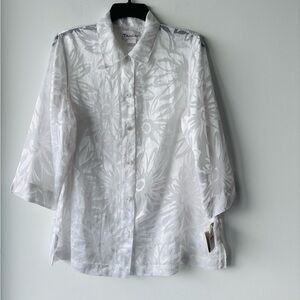 VTG TanJay Blouse Button Up White Satin Sheer Floral Burnout Women 12 Resort NWT